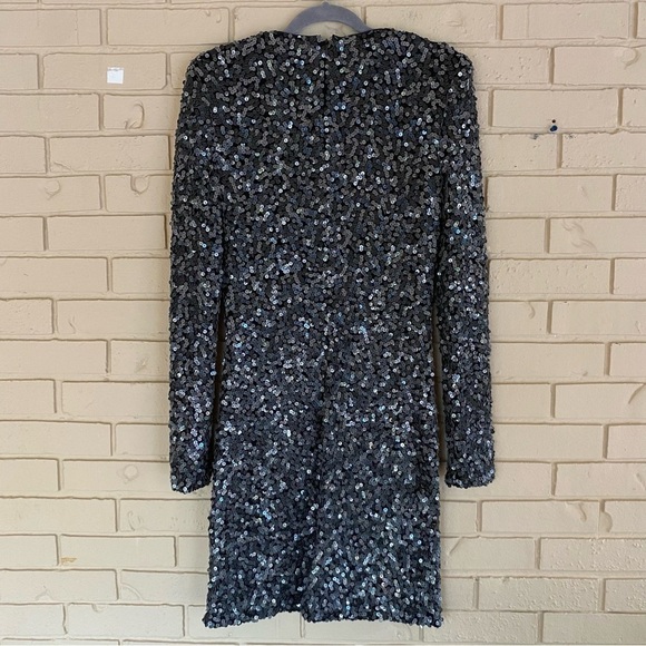 Rachel Zoe Womens Sz Large Sequins Long Sleeve Mini Dress Pewter Cocktail Party - Picture 2 of 8